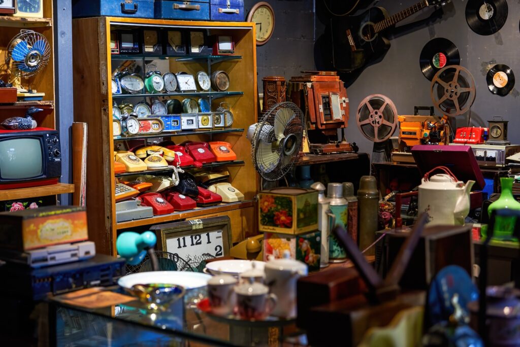 Various retro traditional objects in a thrift store at one of the Best Stillwater Antique Stores