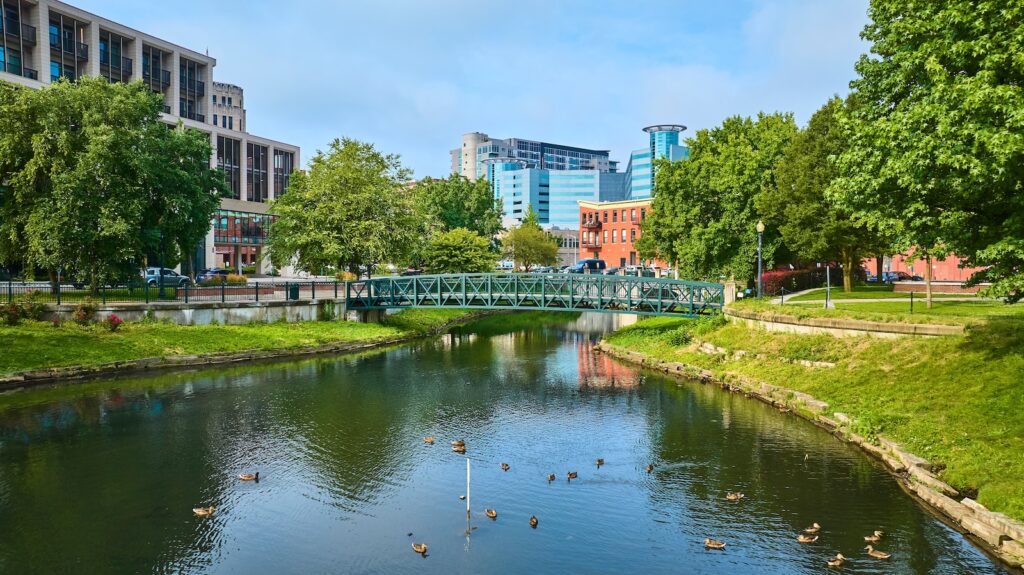 Aerial View of Kalamazoo Park Bridge, one of the best things to do in Kalamazoo Michigan