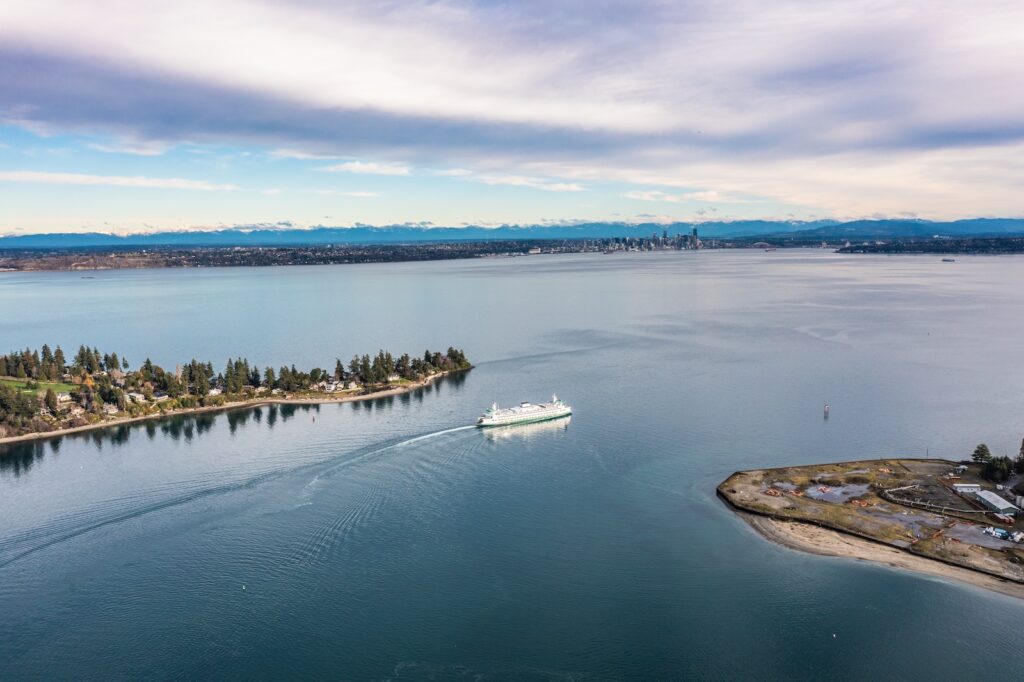 A Washington State Ferry is leaving Eagle Harbor on Bainbridge Island day trip