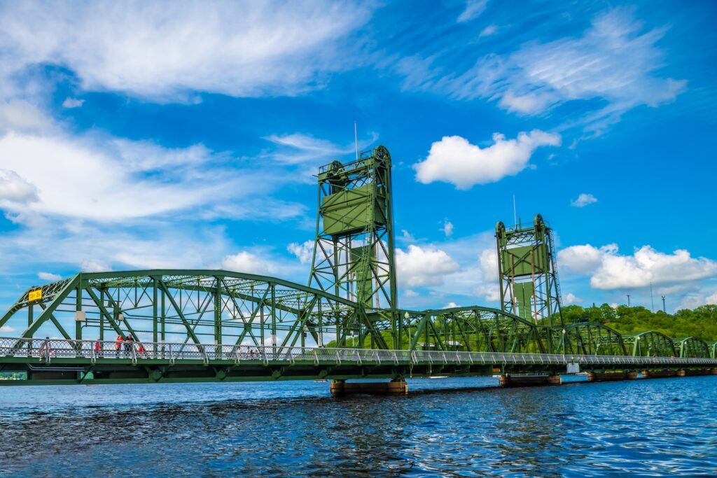 A historic site vertical lift bridge crossing the St. Croix River