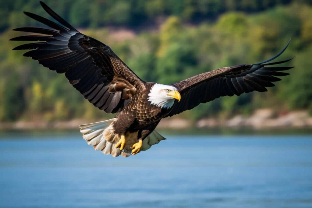 Bald Eagle soaring over the water near Dungeness River Nature Center in Sequim