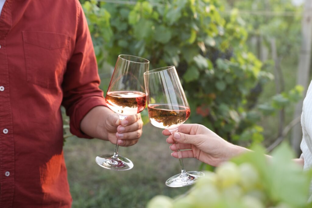 Couple clinking glasses of wine outdoors, closeup in Virginia Wine Country