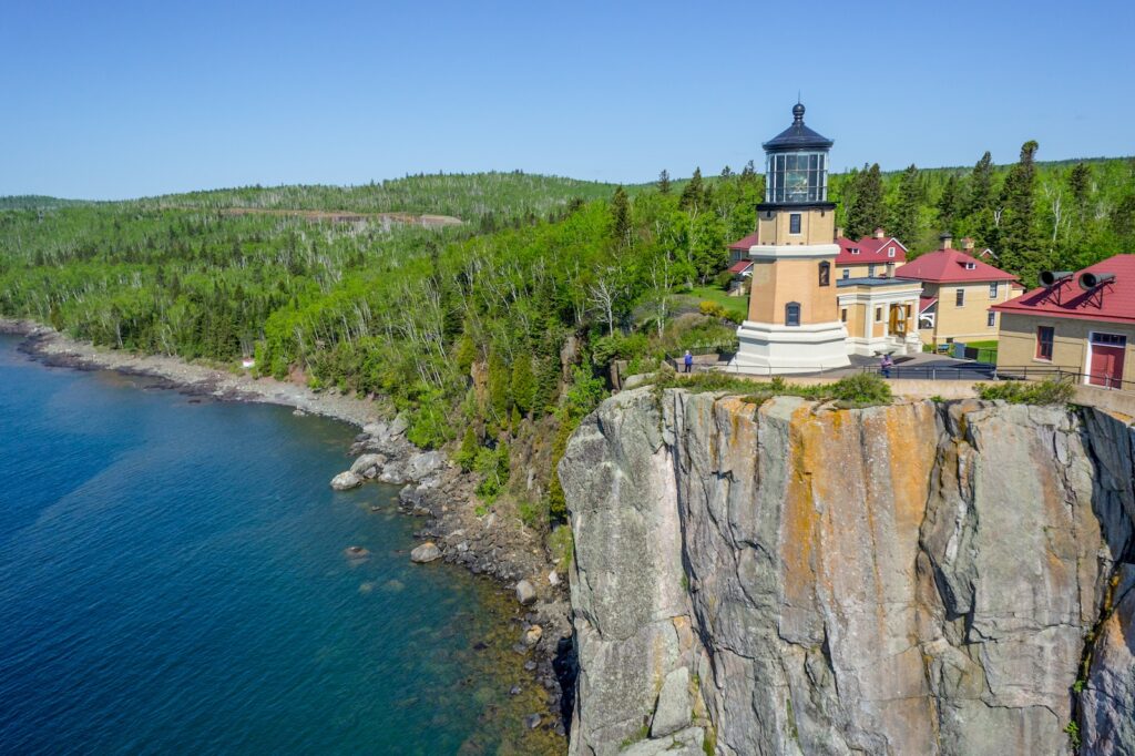 A birds eye view just off the Split Rock cliffs provides a different point of view of Split Rock Lighthouse, one of the best things to do in Duluth