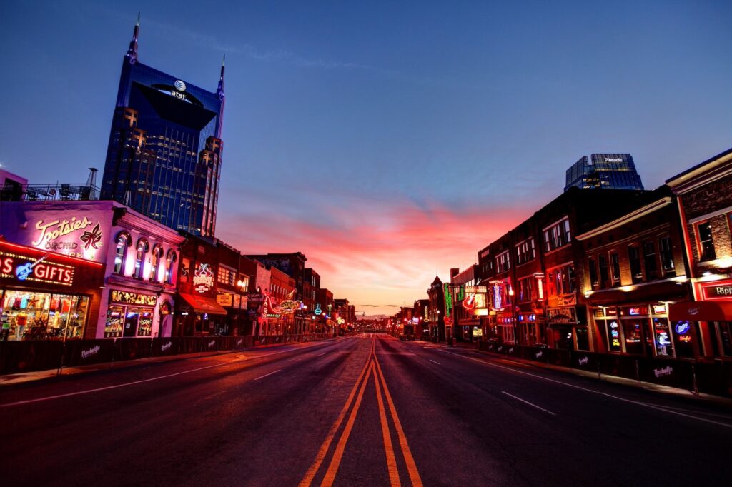 night time on Broadway, where you'll find the best honky tonks in Nashville