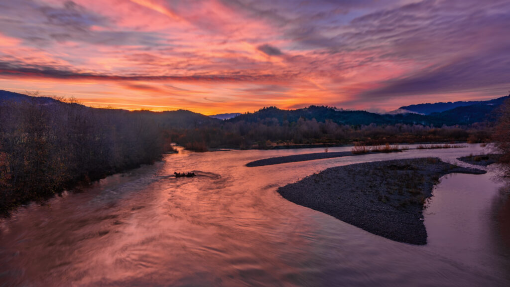 Sunrise over the Mad River, Blue Lake area. One of the best Eureka California beaches.