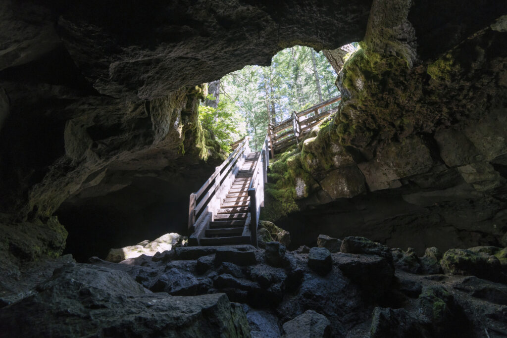 Staircase down into the Guler Ice Caves in the Gifford Pinchot National Forest.
