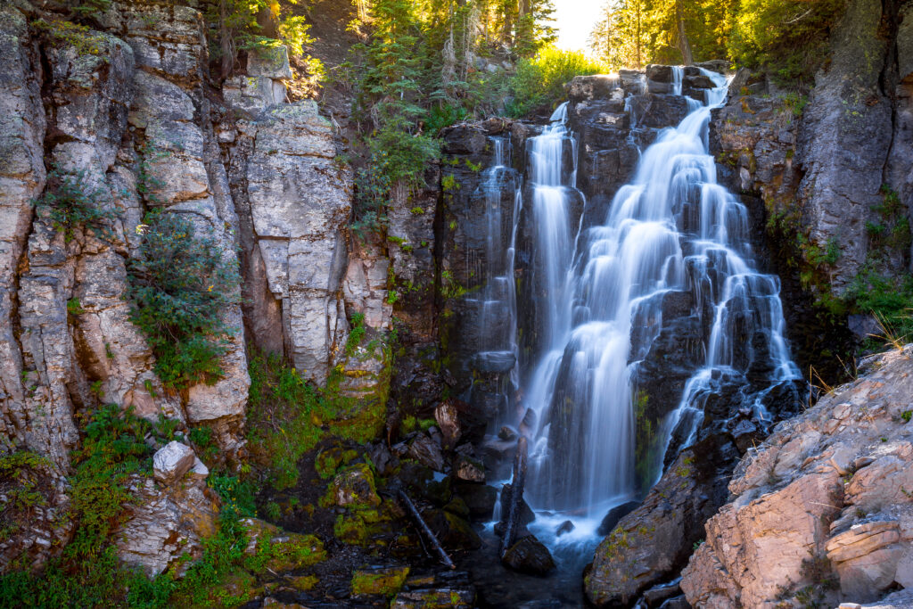 Kings Creek Falls cascading down the rock in Lassen National Park.