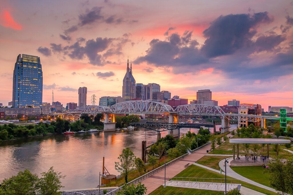 Nashville downtown city skyline cityscape of Tennessee, USA, one fo the best places to visit in Nashville