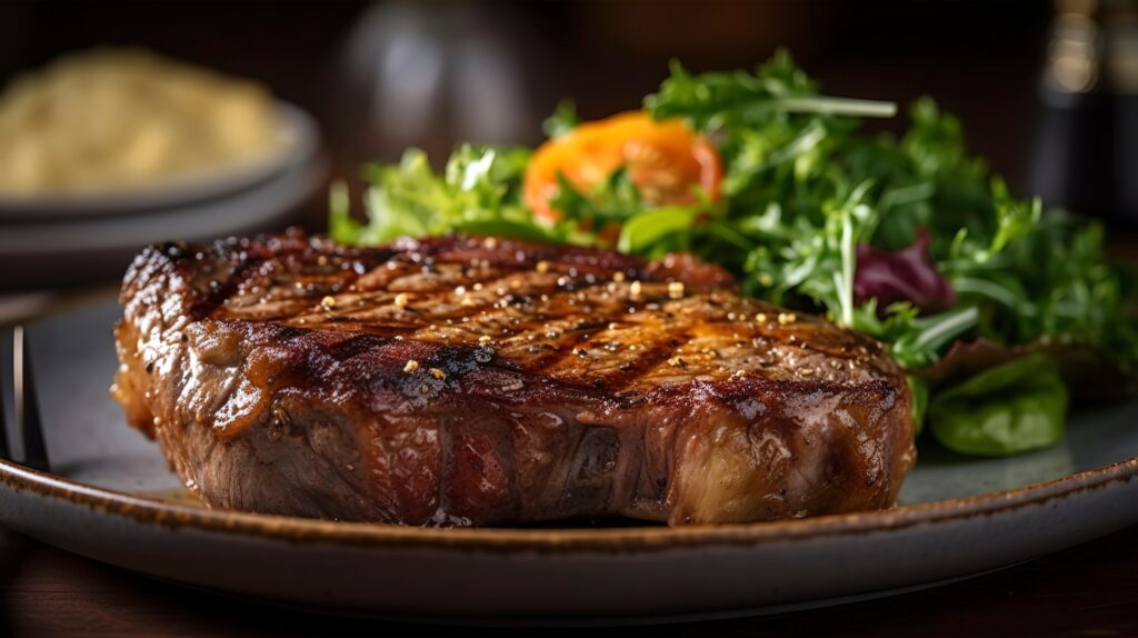 Rib eye steak and salad on plate, potatoes in the back ground. A common Wisconsin Supper Club meal.