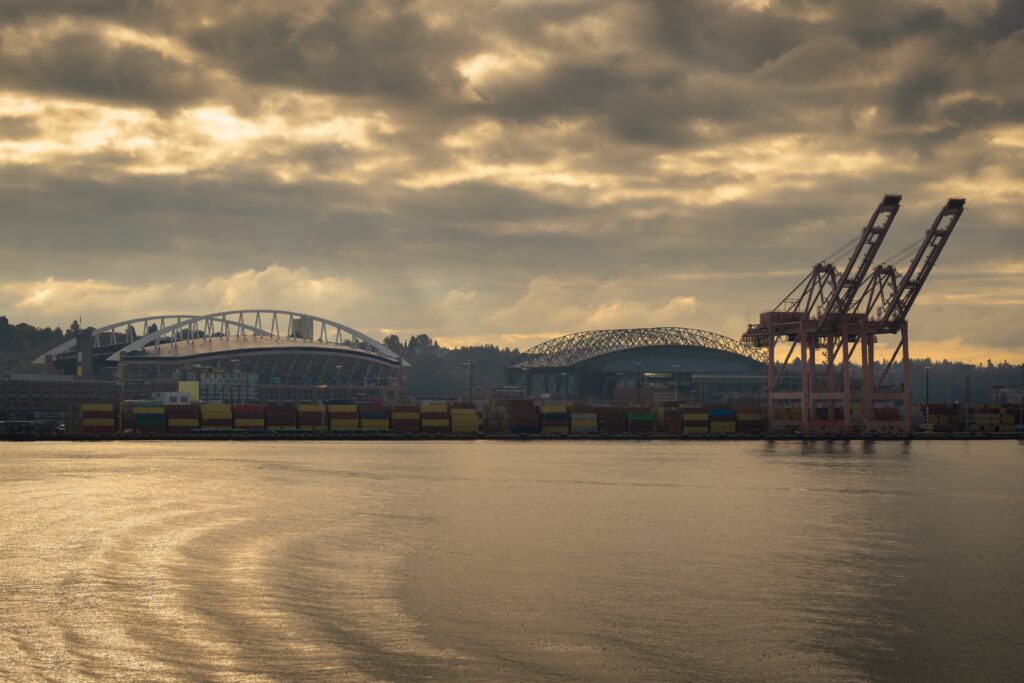 Port of Seattle from the ferry, with the World Cup Seattle Stadium in the background.