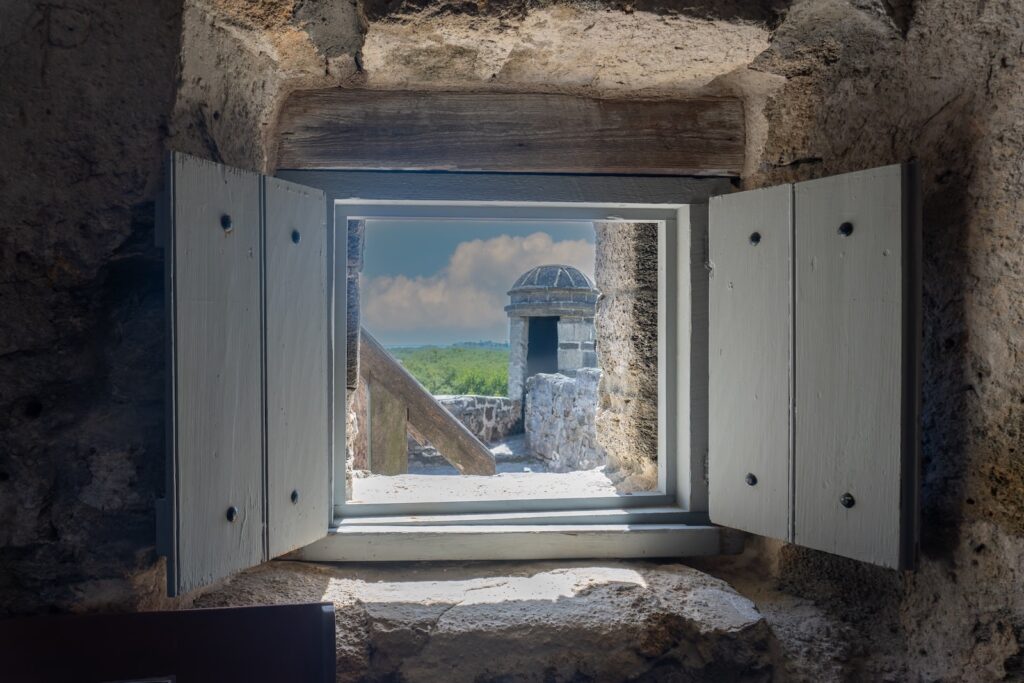 Fort Matanzas National Monument in St. Augustine, Florida. Spanish fort to guard Matanzas Inlet. View from soldiers' quarters of Garita sentry box.