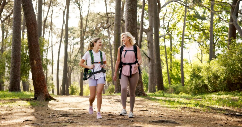 Mother and Daughter hiking in Nolde Forest on a summer day.