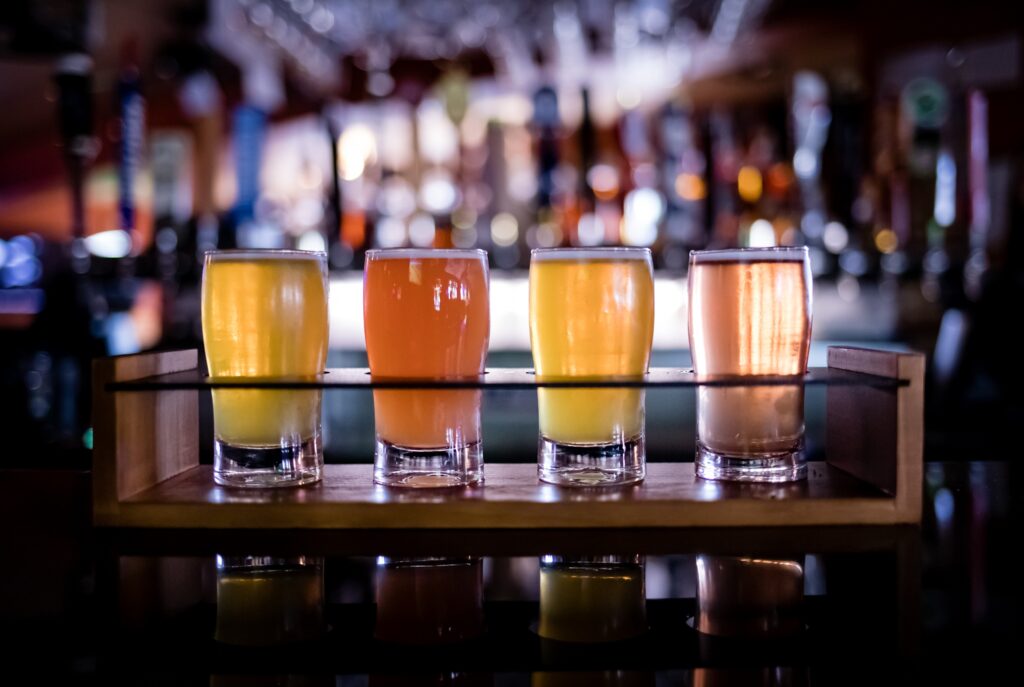 Flight of craft beer for tasting at Ursa Minor Brewing