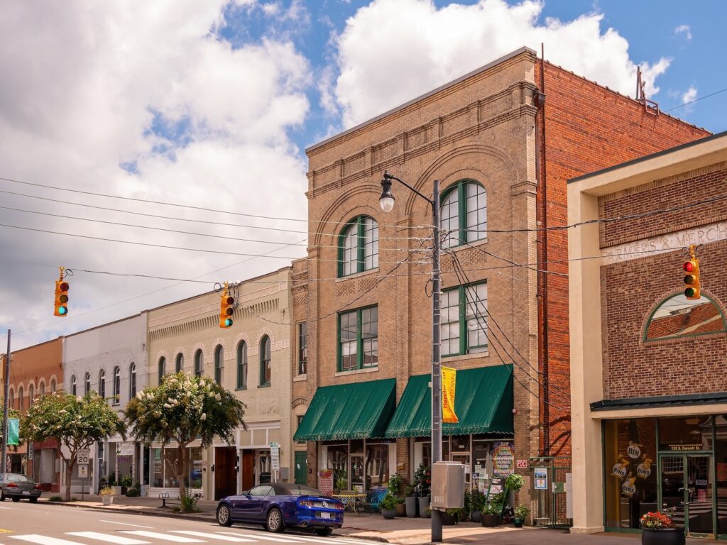 Historic buildings lining Main Street, what you'll find when exploring things to do in Hendersonville NC.