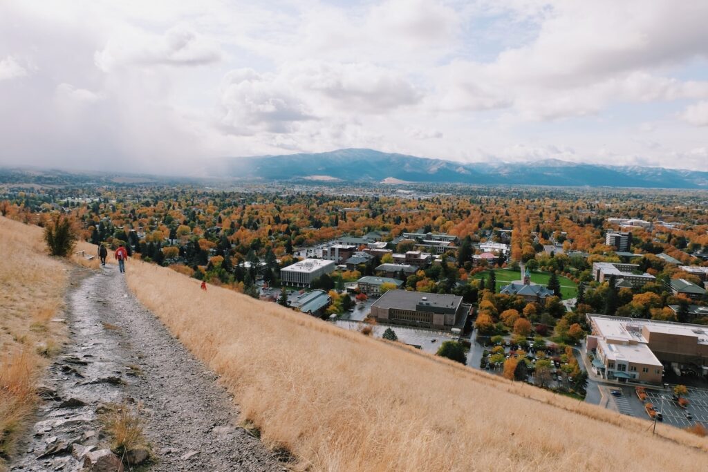 Missoula, Montana cityscape view from M Trail behind University of Montana, near lodging near University of Montana.