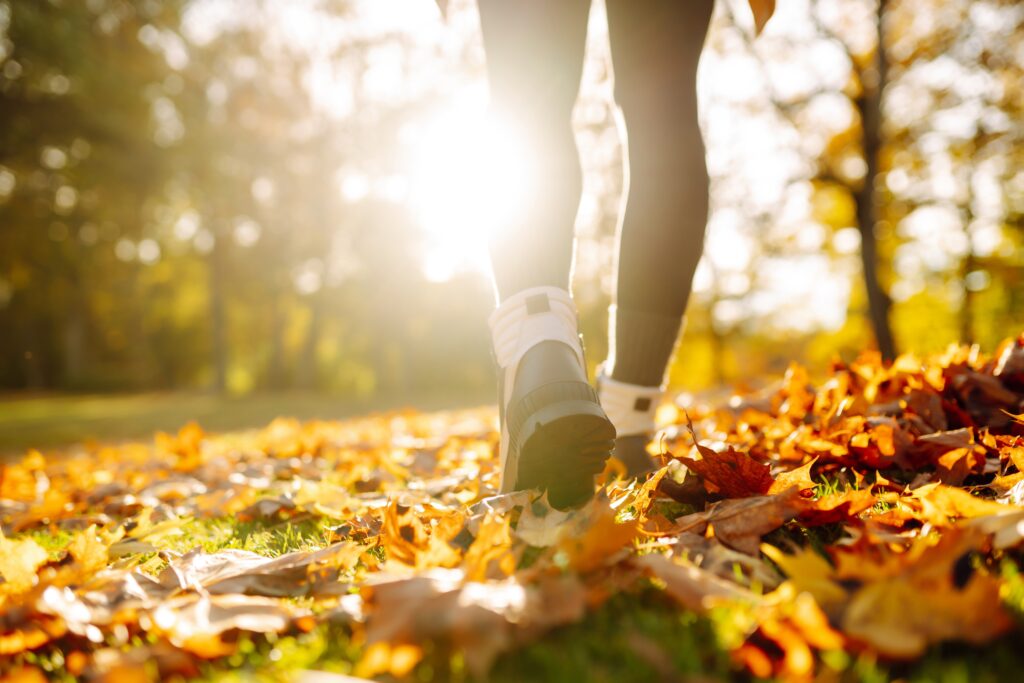 Close up of hiker walking away, fall leaves on ground. Hiking is one of the best things to do on Bainbridge Island.