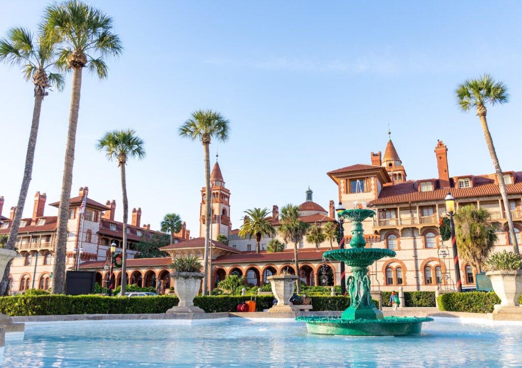 Flagler Collage in St. Augustine with a fountain in the foreground, one of the things to do in St. Augustine.