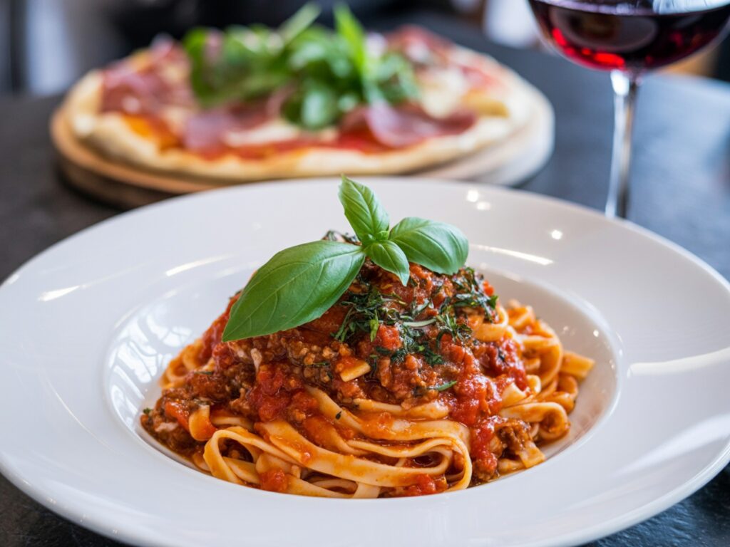 Pasta dish with red sauce, garnished with basil at one of the best restaurants in Ithaca NY