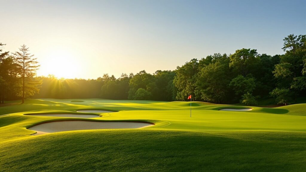 A golf course at dawn with green grass and blue skies and trees at one of the best Galena golf courses.