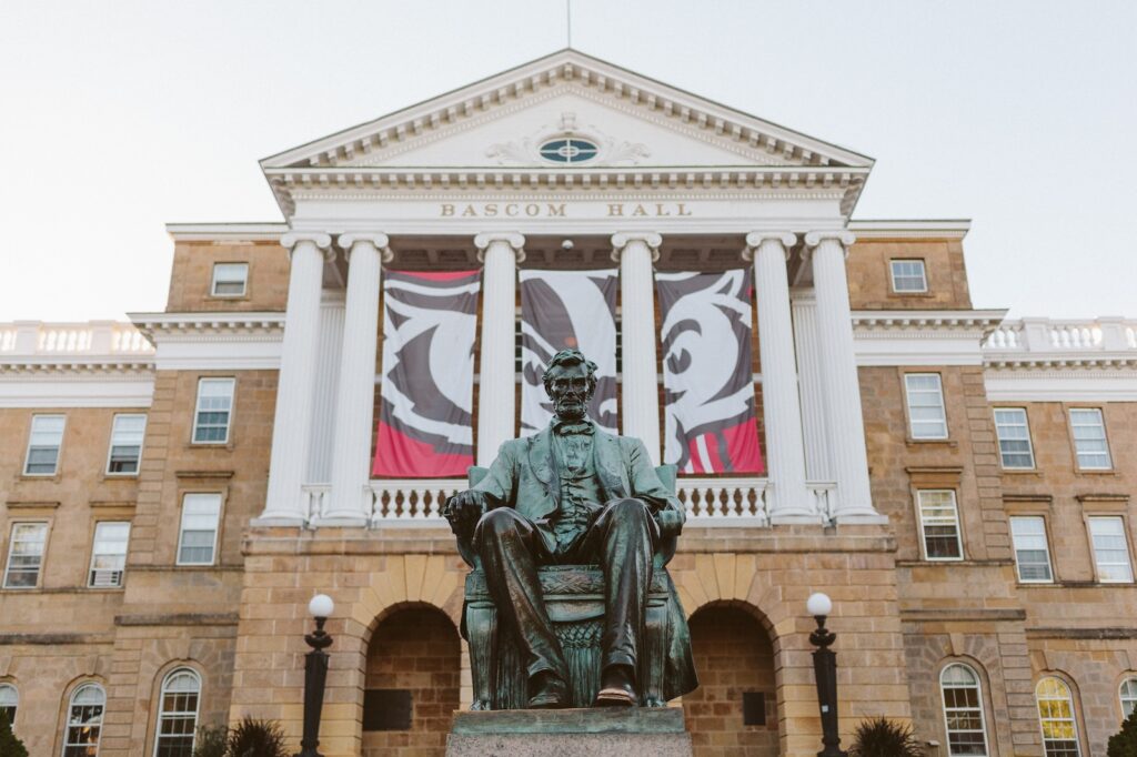 Statue outside UW Madison, and one of the best places for lodging in town