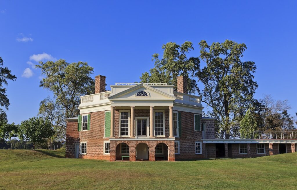 A brick house with columns at Thomas Jefferson's Poplar Forest Virginia.