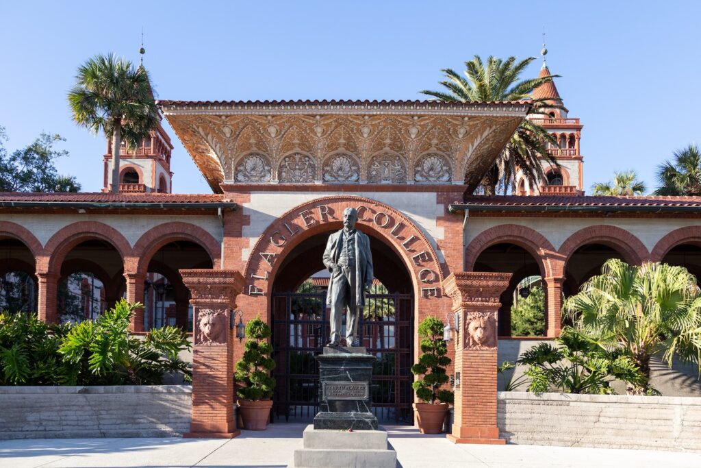 Henry M. Flagler statue in front of the King Street entrance to the Flagler College building in the St. Augustine Historic District.