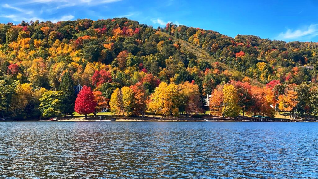Deep Creek Fall Foliage on the hills surround the lake.