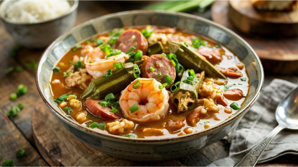 A steaming bowl of gumbo at one of the best Vicksburg restaurants.