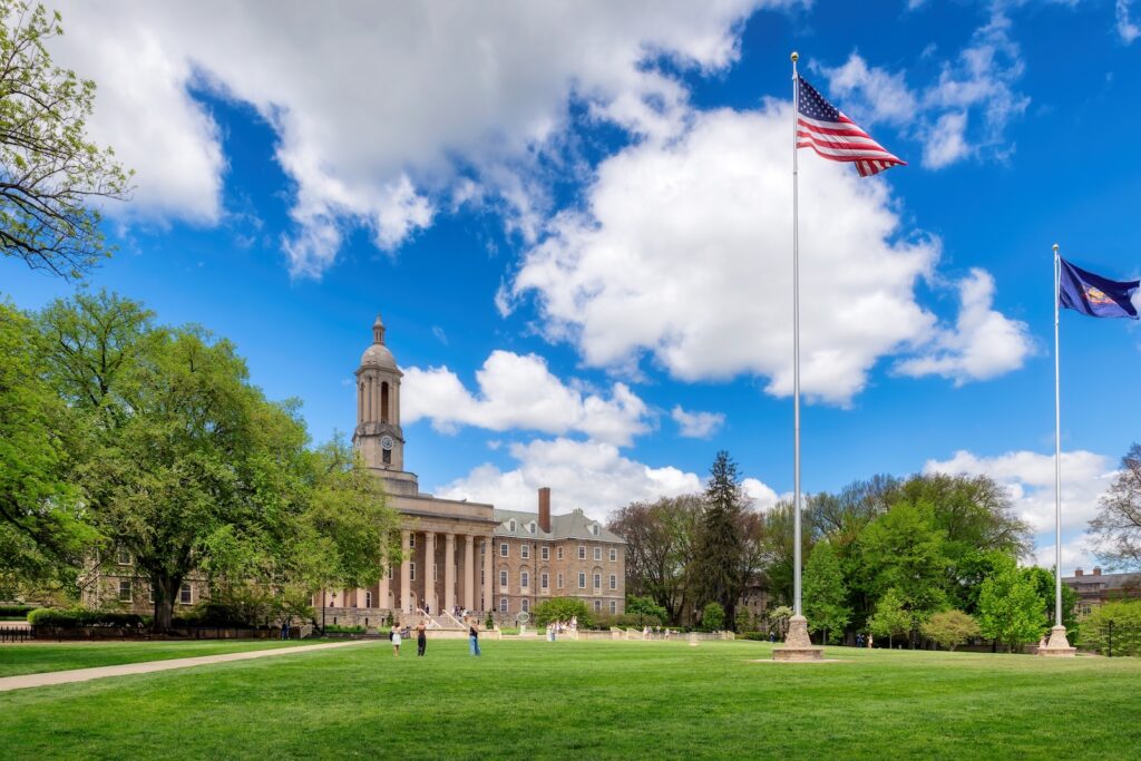 The campus of Penn State University in spring sunny day, one of the best things to do in State College, Pennsylvania.