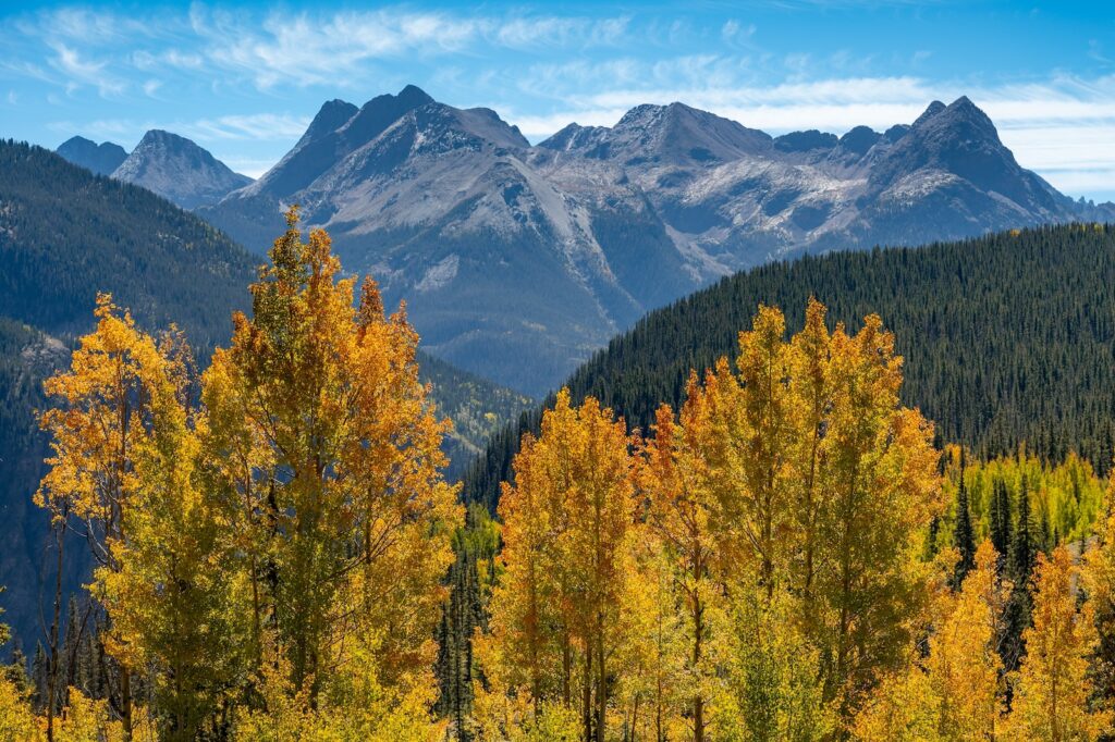 Beautiful view of fall scenery near Durango in Colorado, showcasing Durango fall colors of yellow aspen trees and green pine forest with La Plata mountains behind.