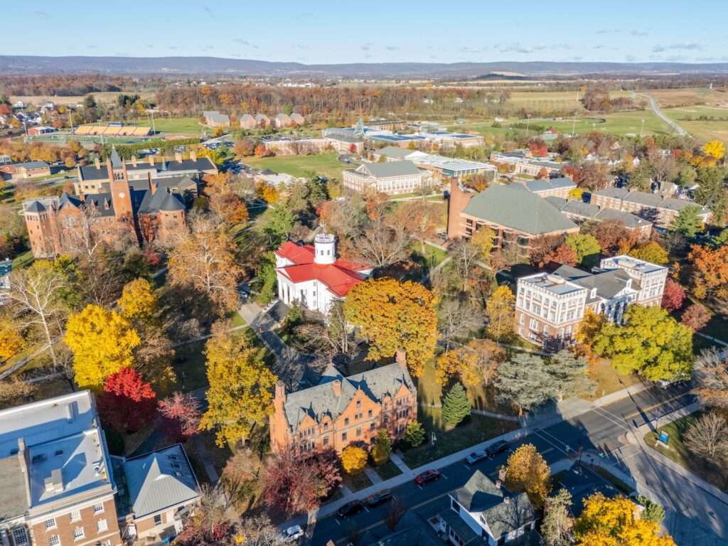 Aerial View of the Gettysburg College Campus With Fall Colors. Gettysburg ghost tours are a great way to see the city