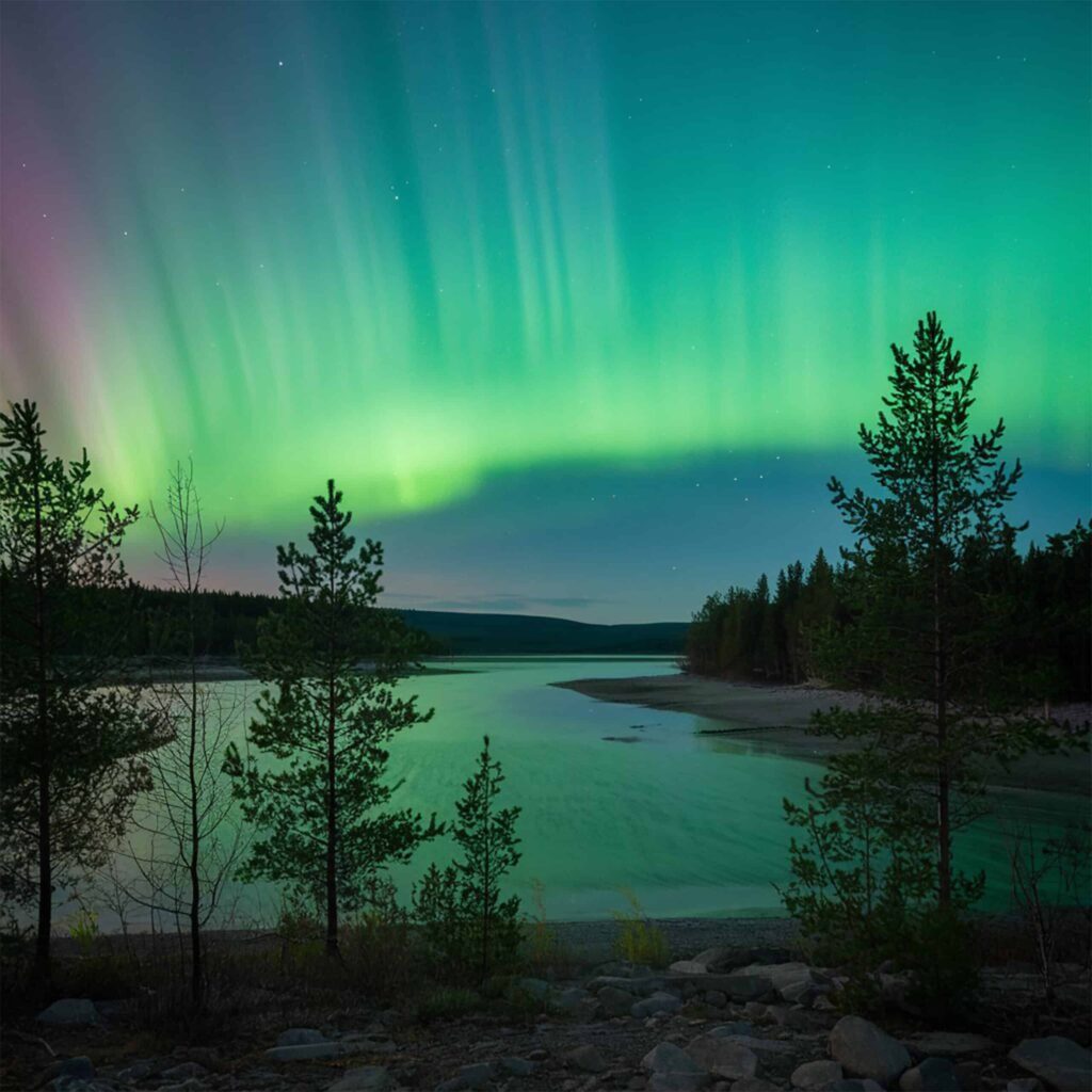 Northern lights in Juneau glowing green over a calm lake framed by spruce trees