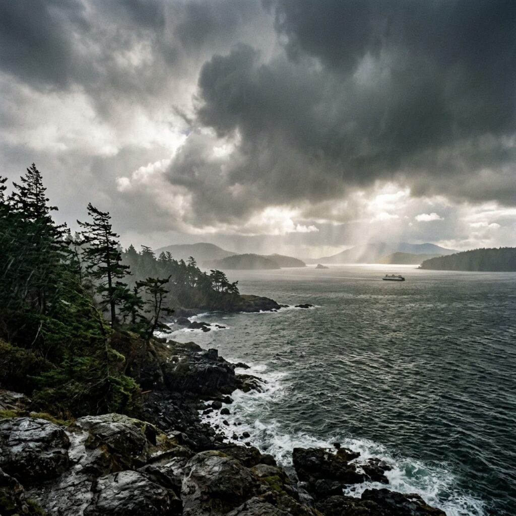 Winter storm clouds over the rocky San Juan Islands shoreline with a ferry crossing