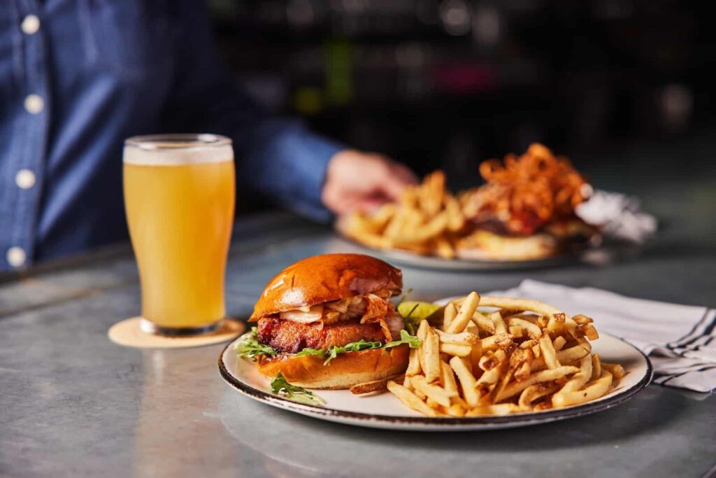 Delicious burger meal with fries and beer at one of the restaurants in Galena IL.